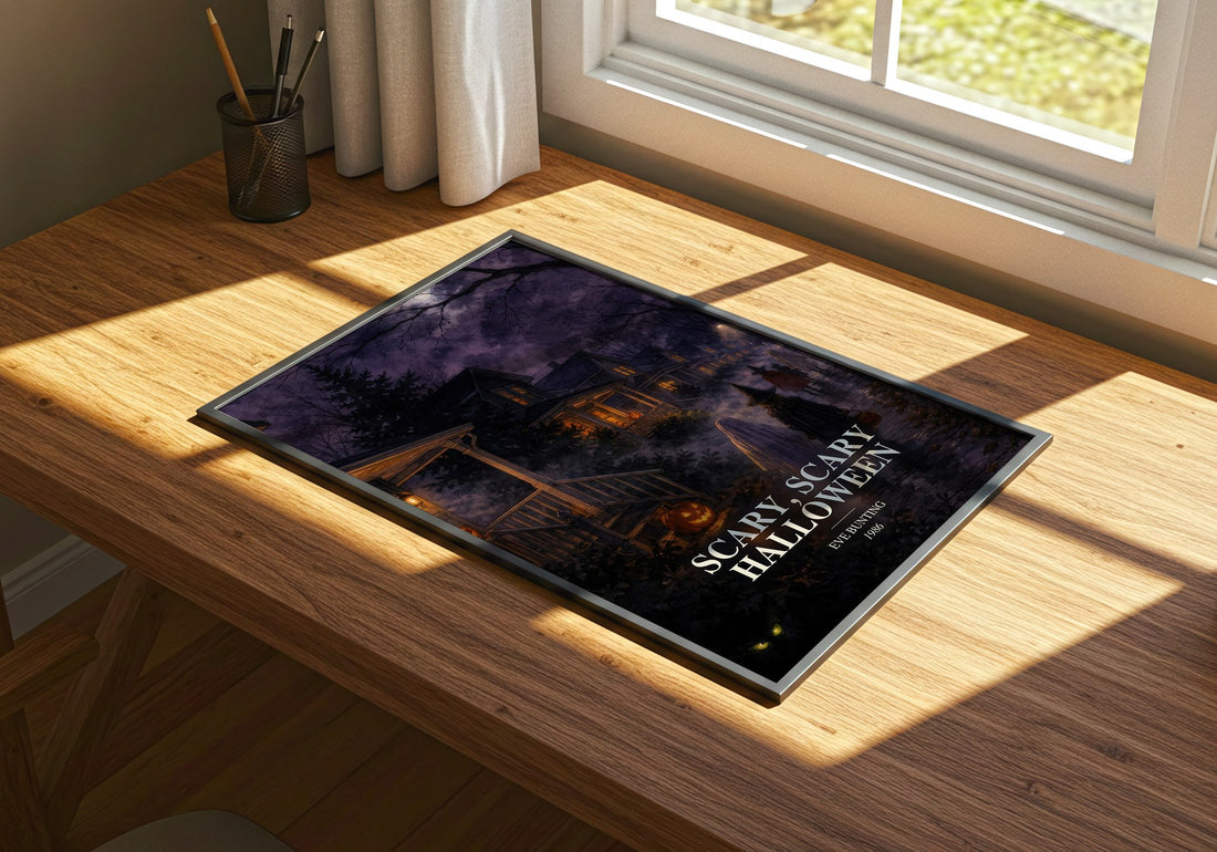 Scary, Scary Halloween watercolour book poster framed on wall – childrens wall art