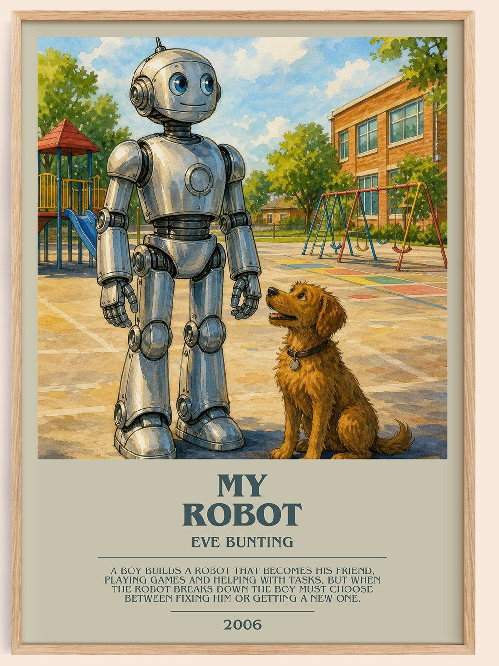 My Robot bookish book poster by Eve Bunting – framed literary art print
