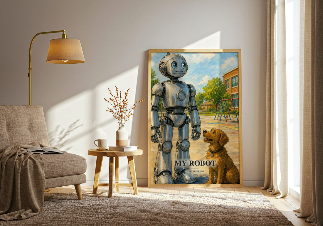 My Robot watercolour print in frame leaning in hallway – childrens wall art