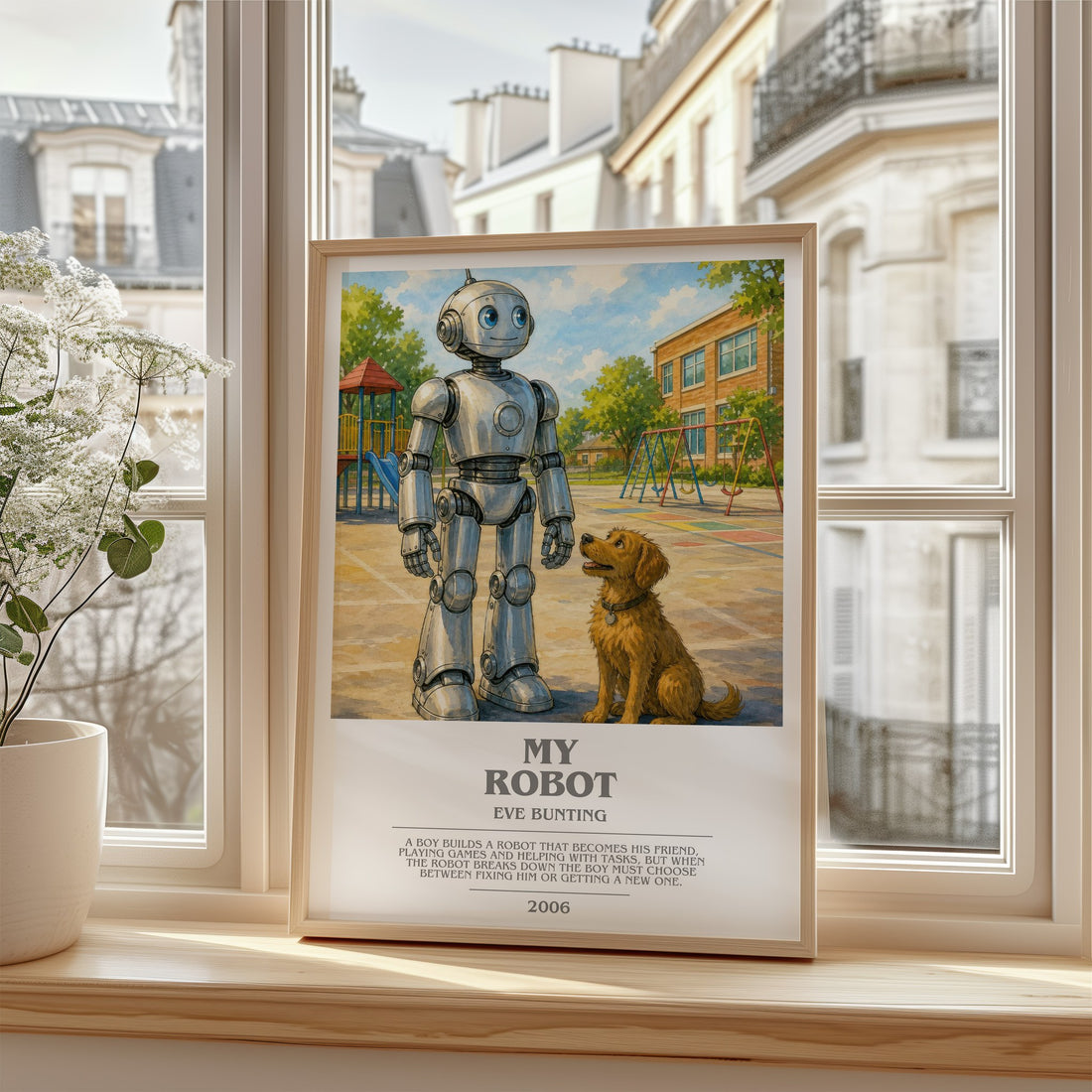 My Robot bookish poster colour and style options – Eve Bunting book art