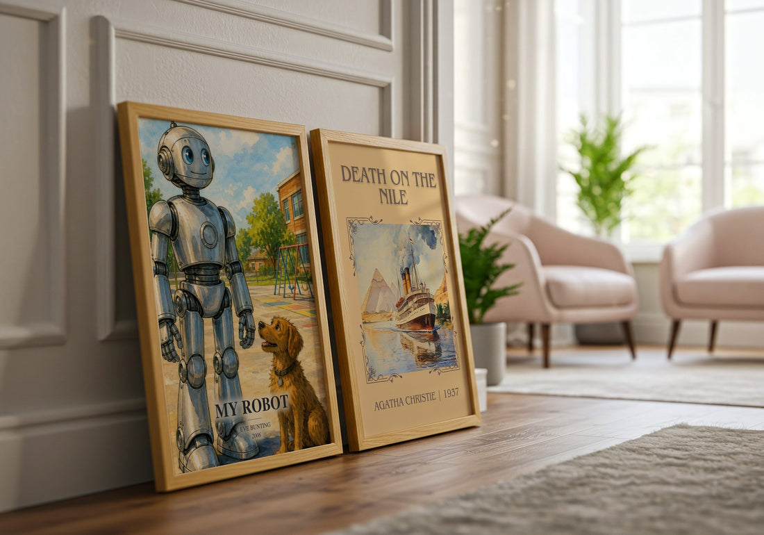 My Robot watercolour print framed by window – literary home decor