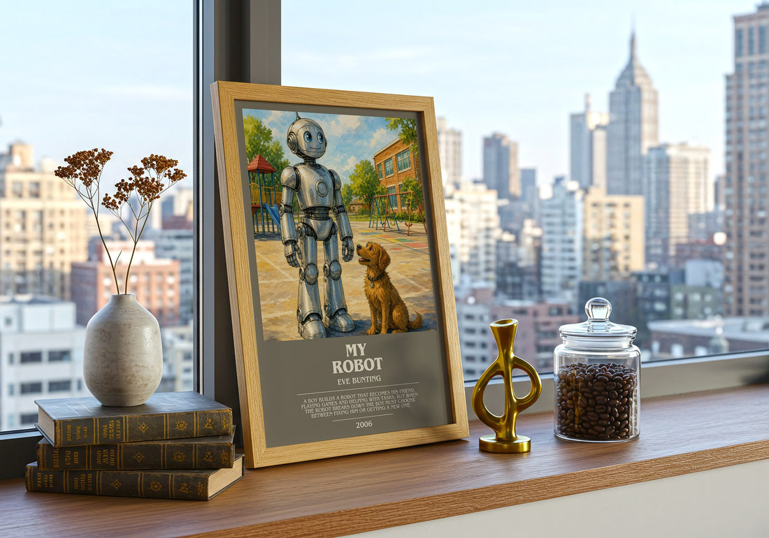 My Robot bookish print framed by window – literary home decor