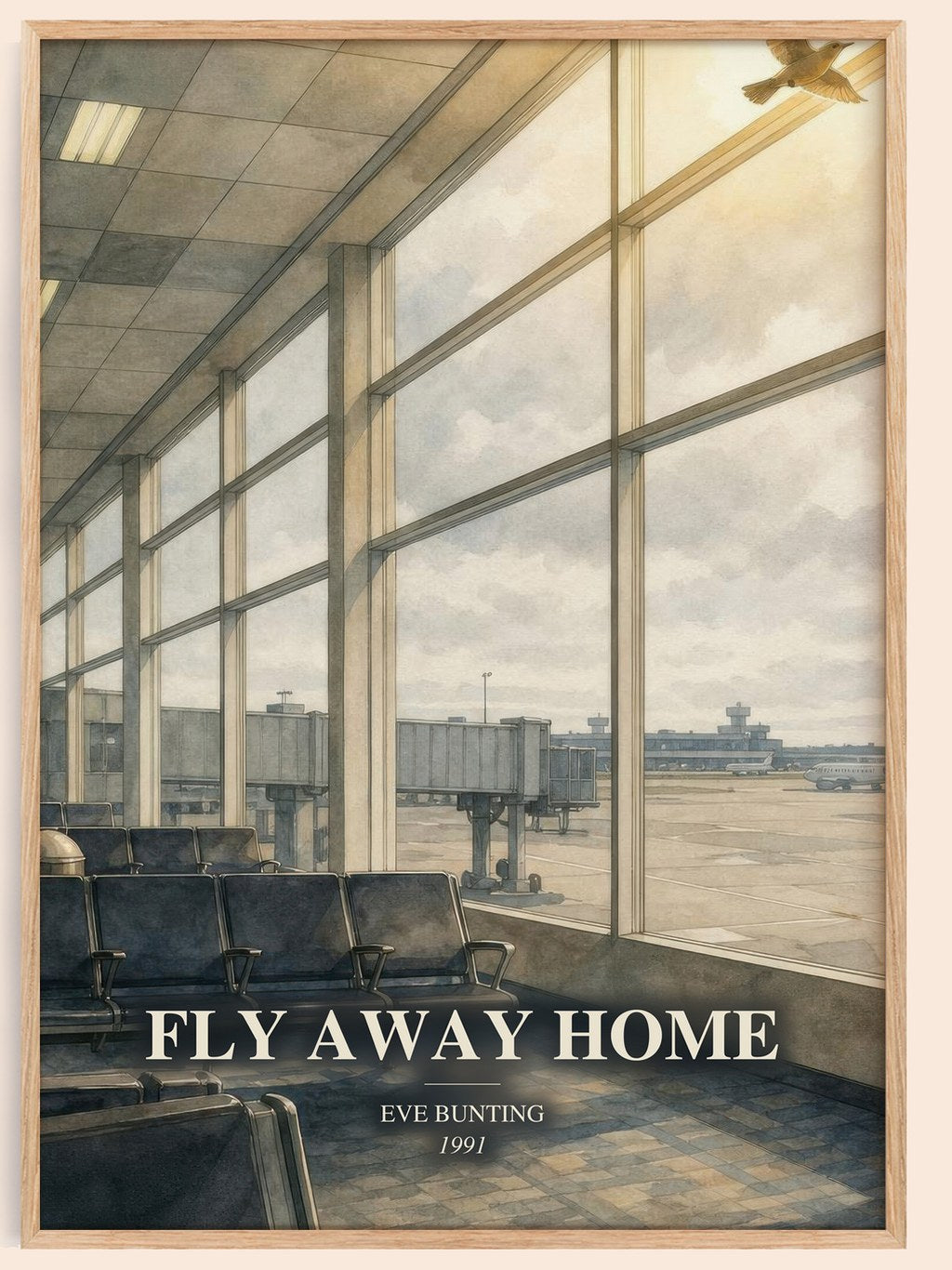 Fly Away Home watercolour book poster by Eve Bunting – framed literary art print