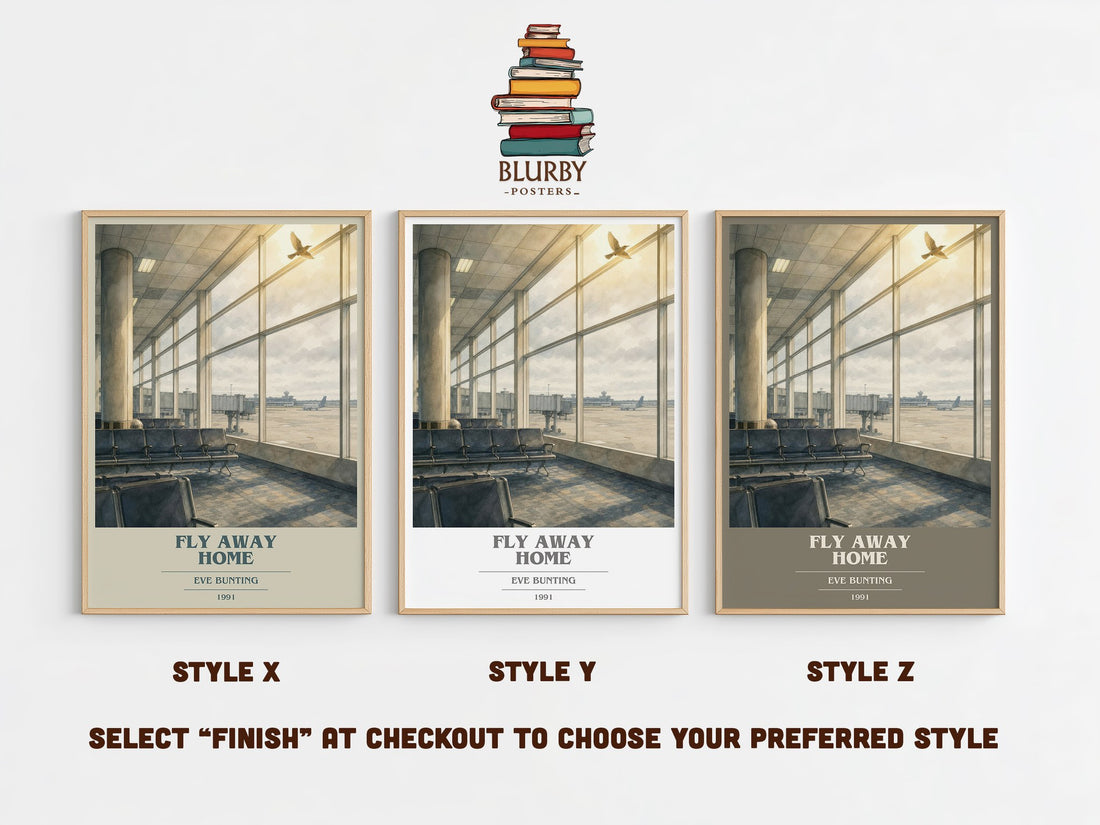 Fly Away Home book cover print in frame leaning in hallway – childrens wall art (mockup)
