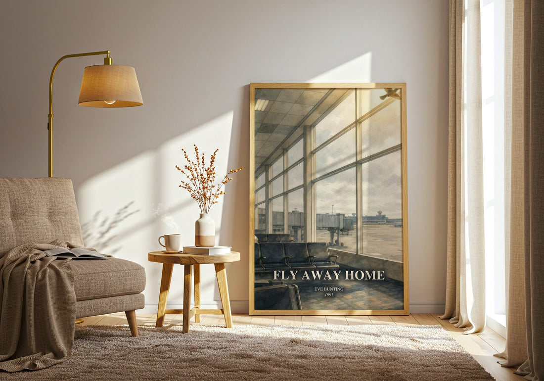 Fly Away Home watercolour print in frame leaning in hallway – childrens wall art