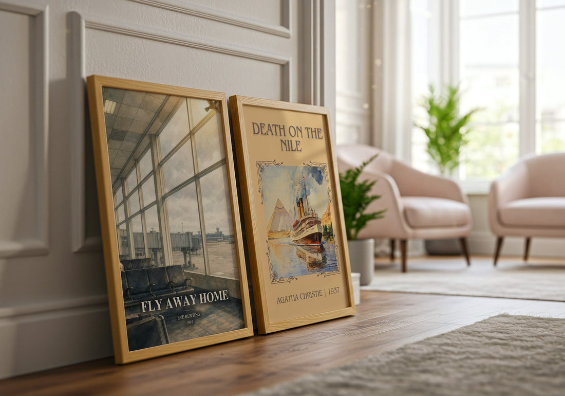 Fly Away Home watercolour print framed by window – literary home decor