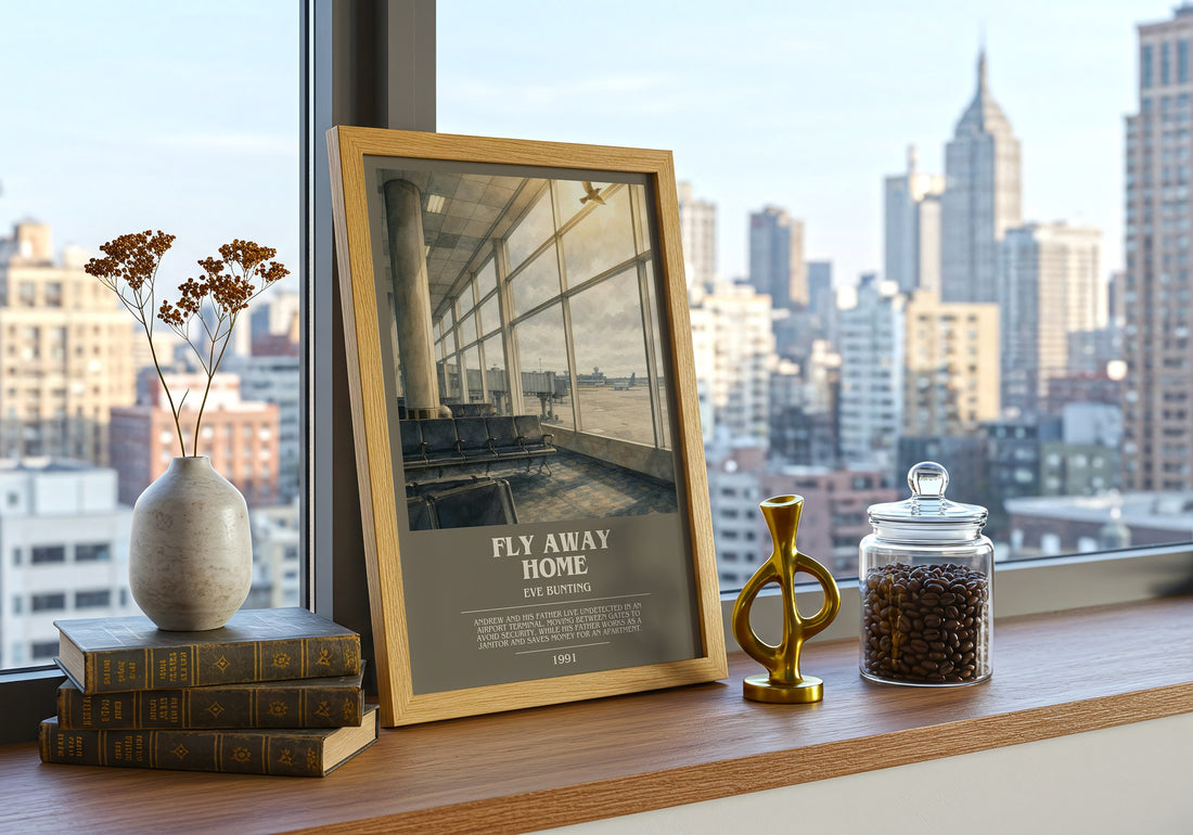 Fly Away Home bookish print framed by window – literary home decor