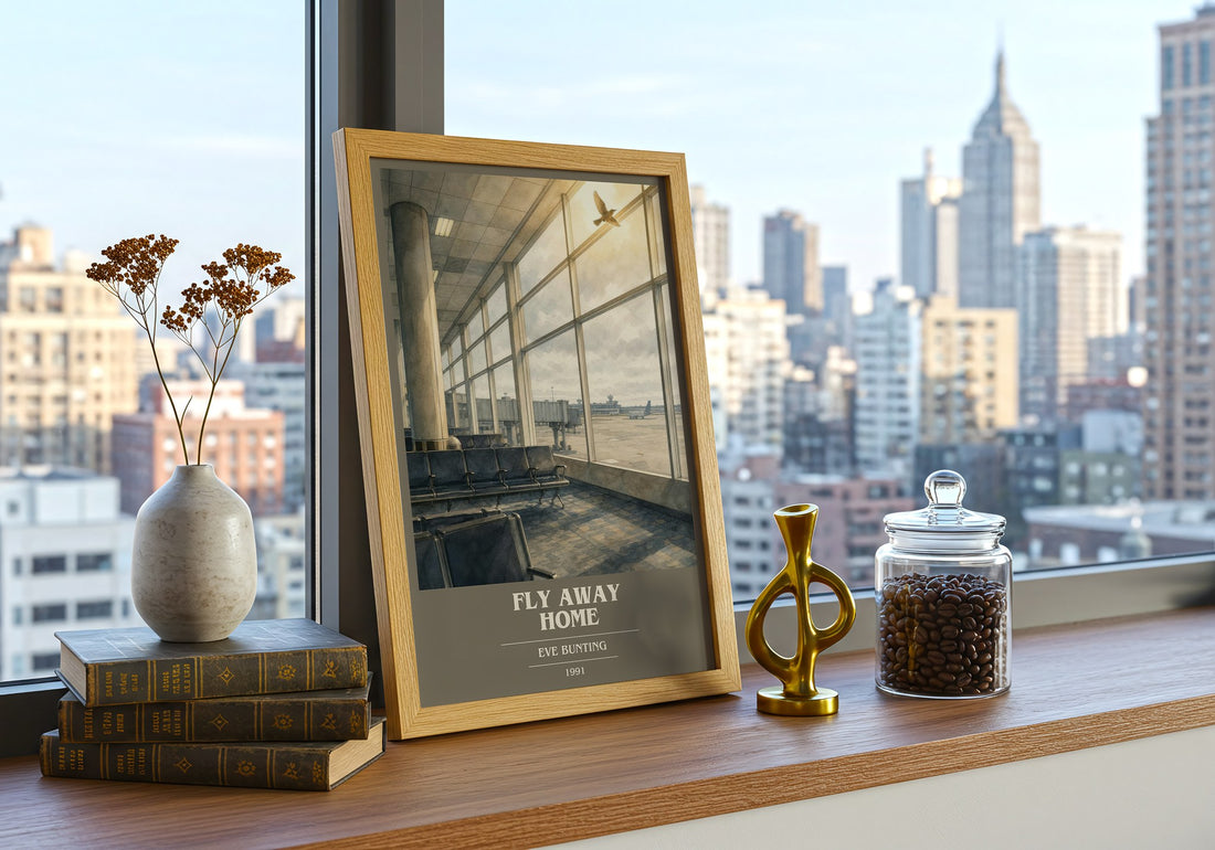 Fly Away Home book cover print framed by window – literary home decor