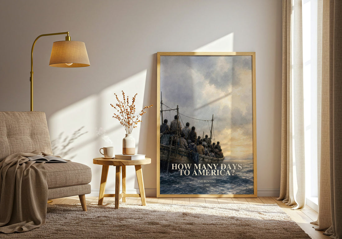 How Many Days to America? watercolour print in frame leaning in hallway – childrens wall art