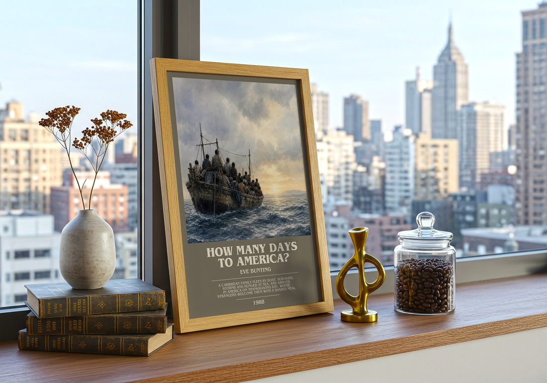 How Many Days to America? bookish print framed by window – literary home decor