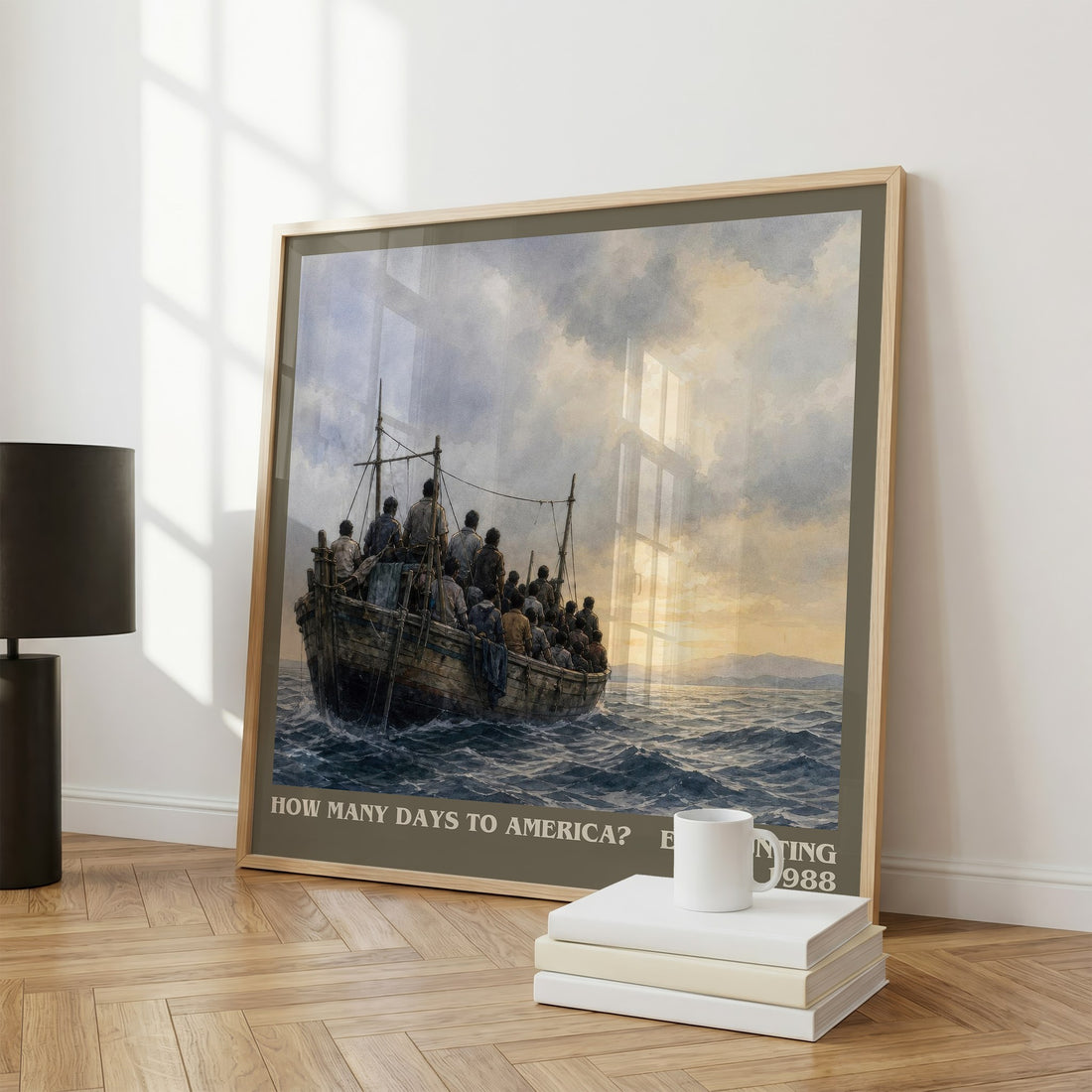 How Many Days to America? literary print framed by window – literary home decor
