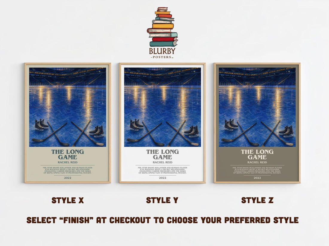 The Long Game bookish print in frame leaning in hallway – romance wall art (mockup)