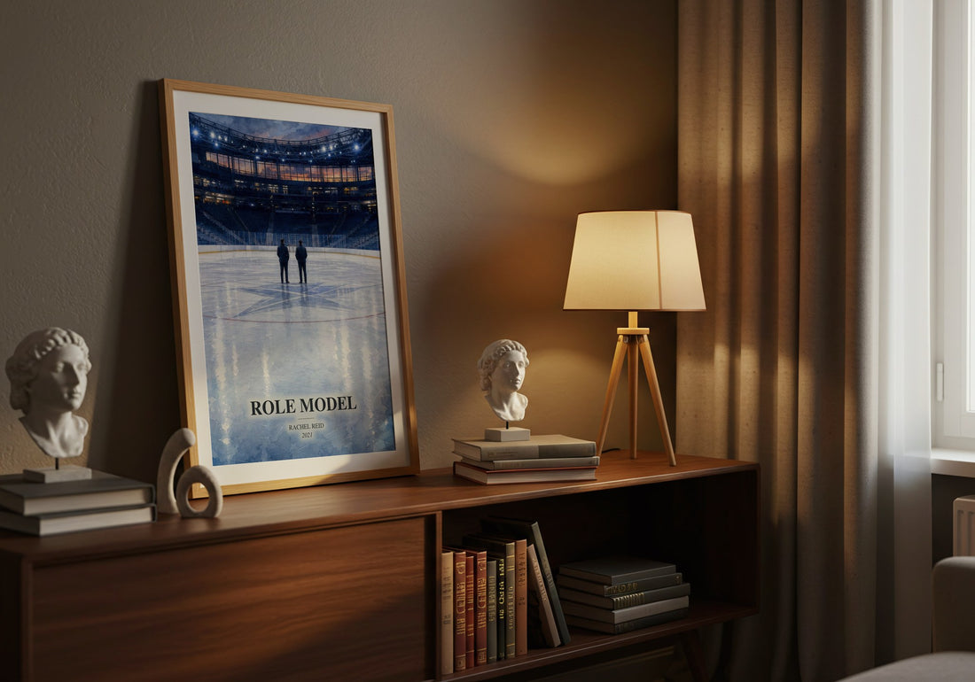 Role Model watercolour print on bookshelf – Rachel Reid fan gift