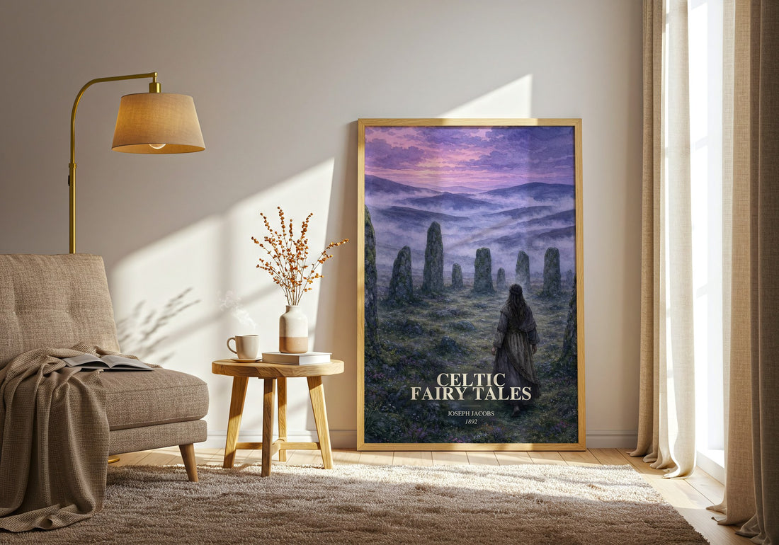 Celtic Fairy Tales watercolour print in frame leaning in hallway – childrens wall art