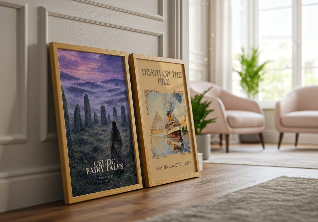 Celtic Fairy Tales watercolour print framed by window – literary home decor