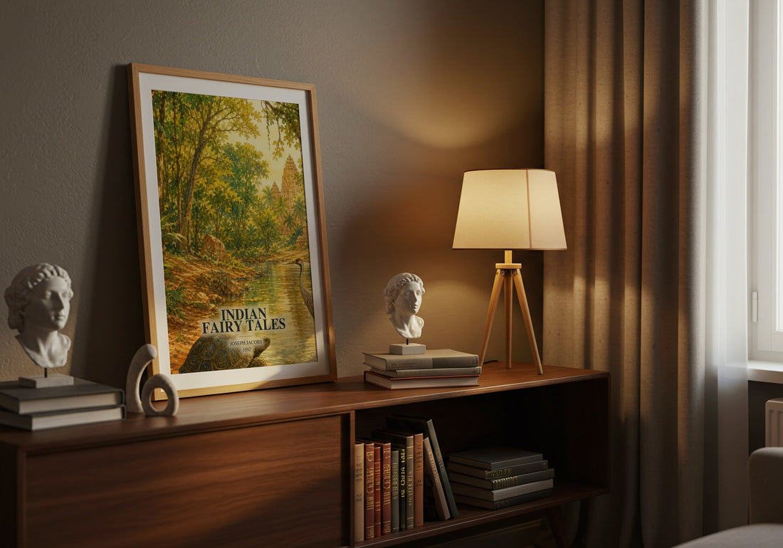Indian Fairy Tales watercolour print on bookshelf – Joseph Jacobs fan gift