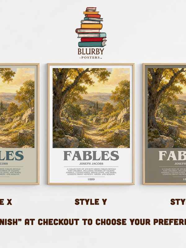 Fables bookish print in frame leaning in hallway – childrens wall art