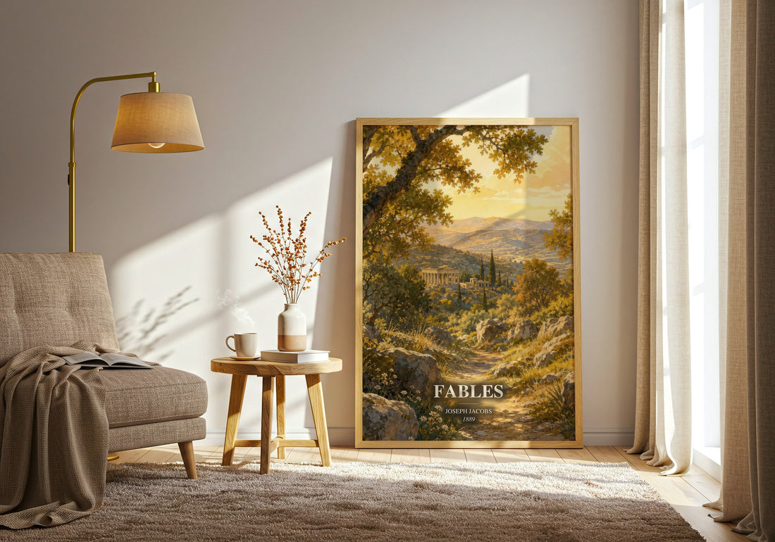 Fables watercolour print in frame leaning in hallway – childrens wall art