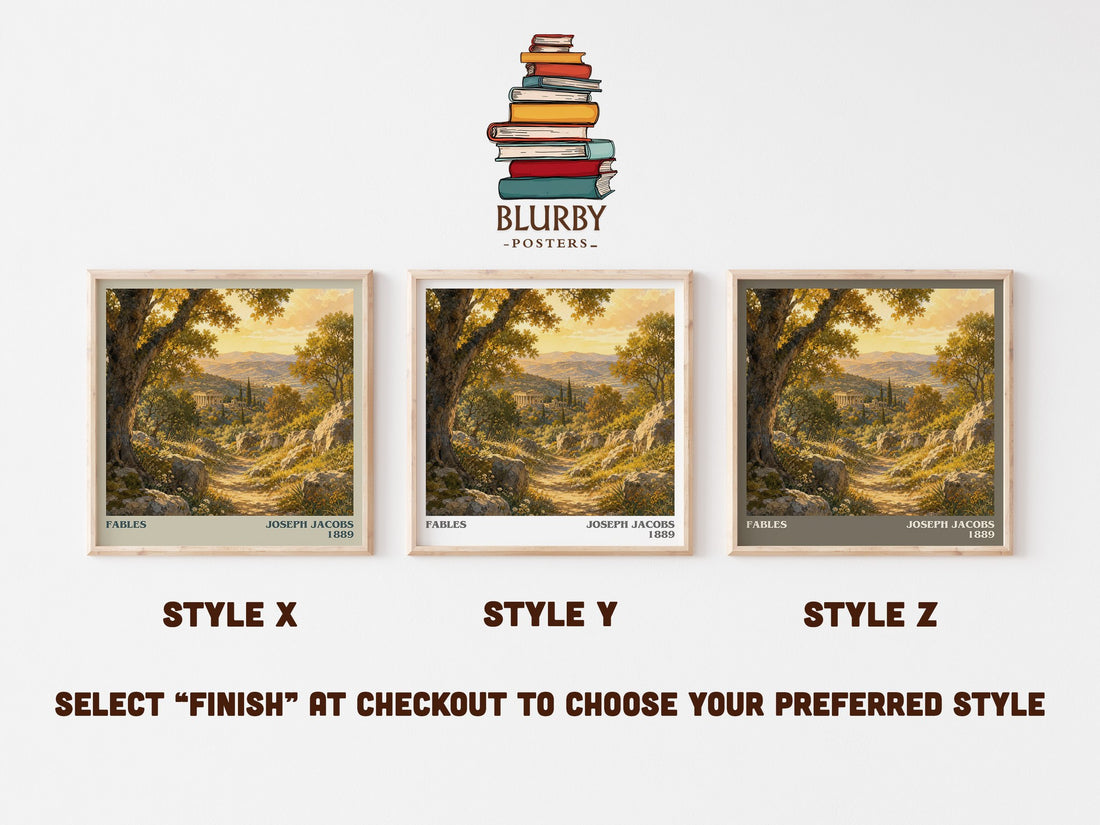 Fables literary print in frame leaning in hallway – childrens wall art (mockup)