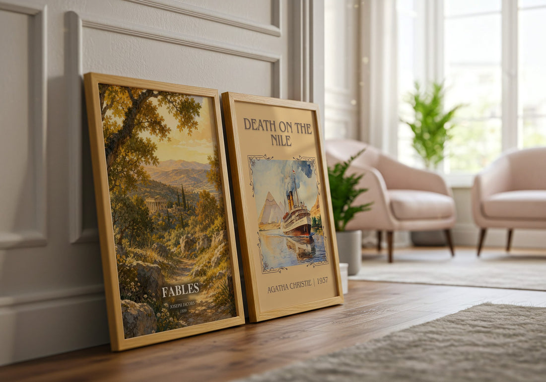 Fables watercolour print framed by window – literary home decor