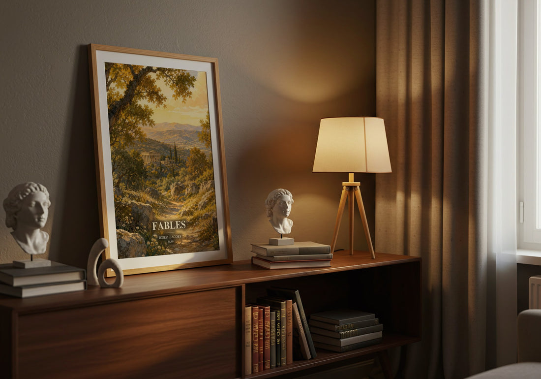 Fables watercolour print on bookshelf – Joseph Jacobs fan gift