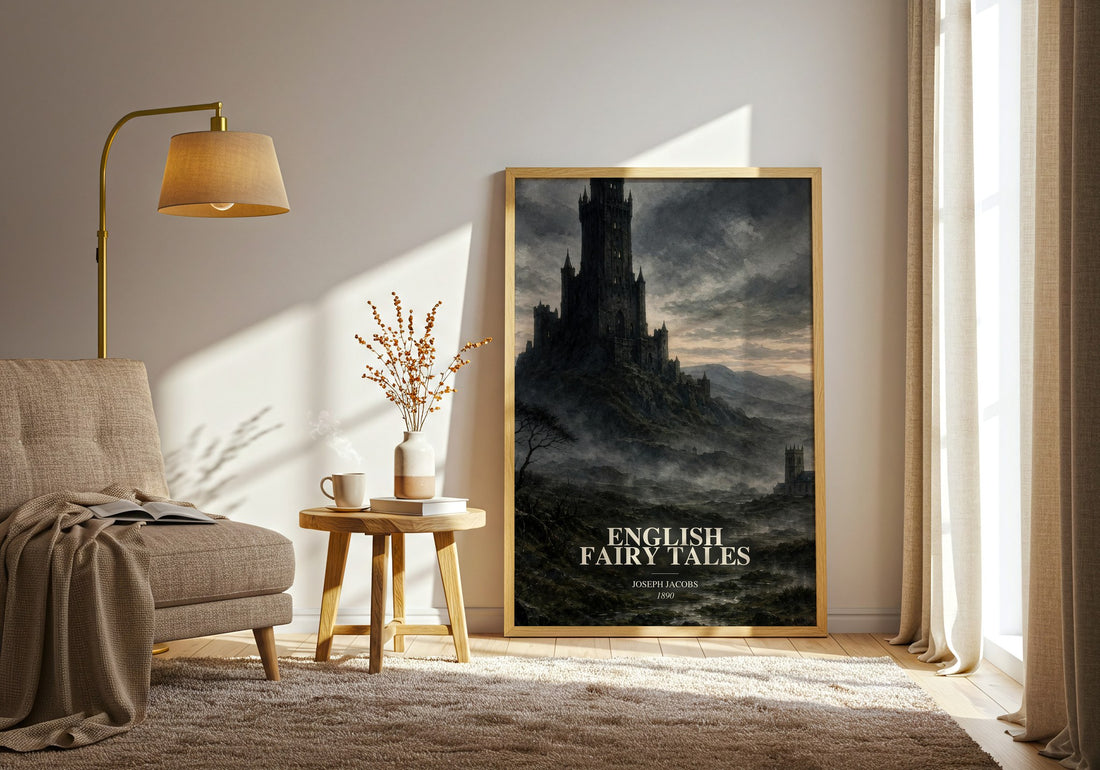 English Fairy Tales watercolour print in frame leaning in hallway – childrens wall art
