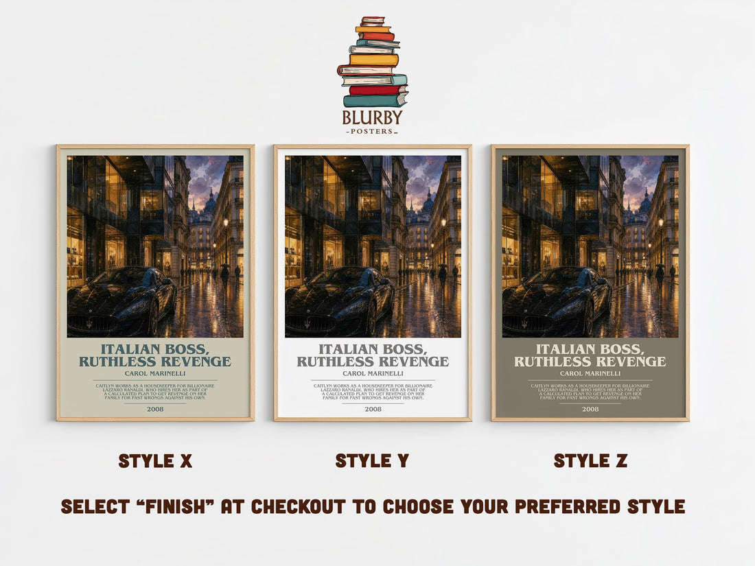 Italian Boss, Ruthless Revenge bookish print in frame leaning in hallway – romance wall art (mockup)