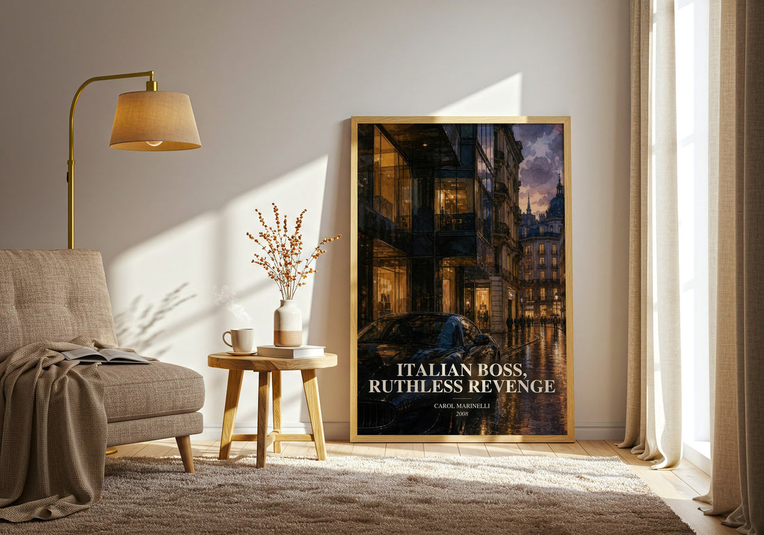 Italian Boss, Ruthless Revenge watercolour print in frame leaning in hallway – romance wall art