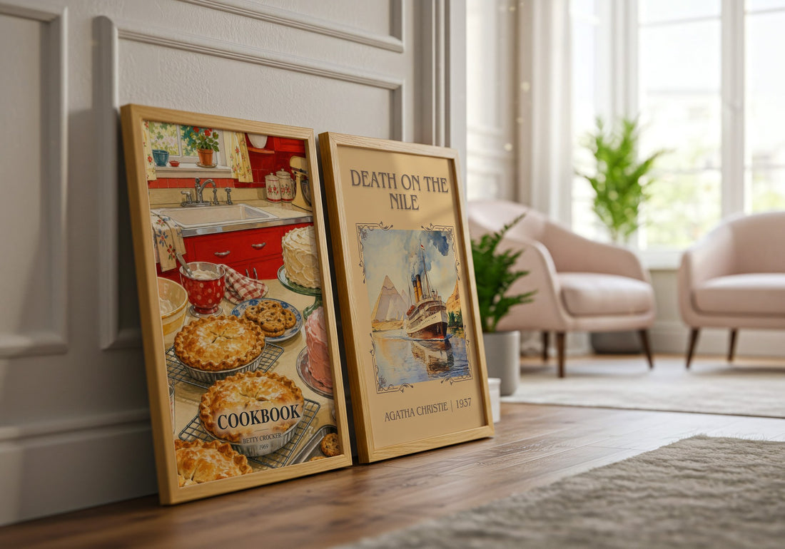 Cookbook watercolour print framed by window – literary home decor