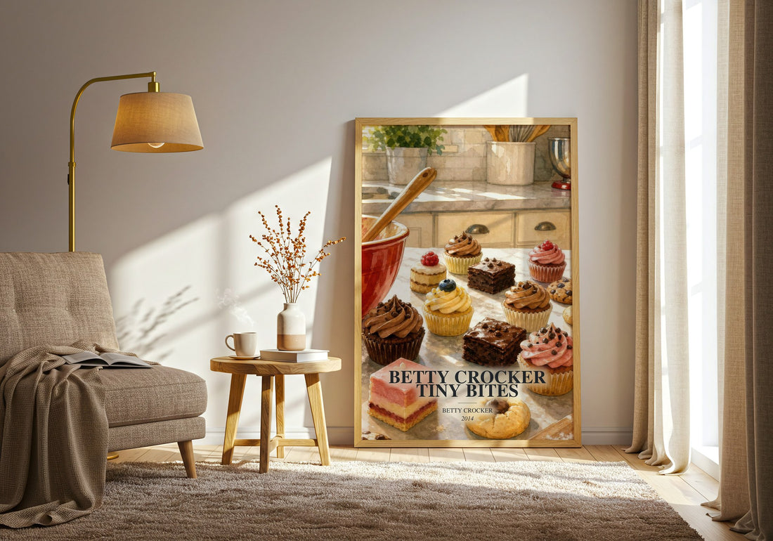Betty Crocker tiny bites watercolour print in frame leaning in hallway – __new__:cookbook wall art