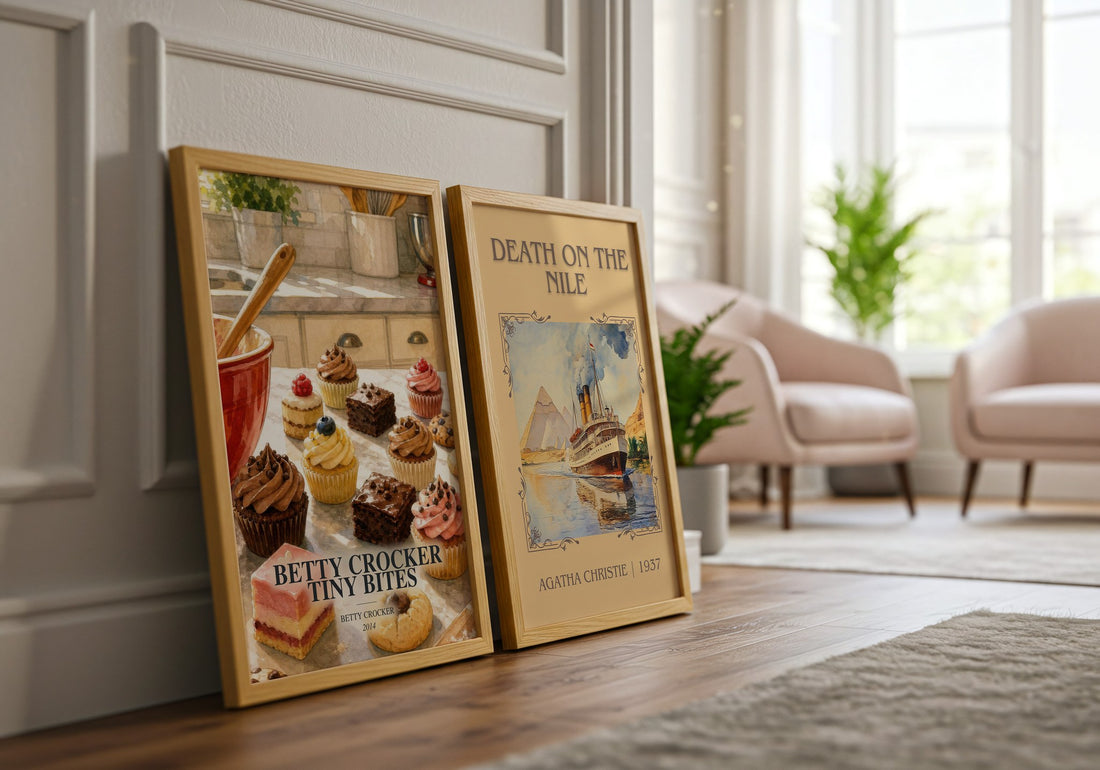 Betty Crocker tiny bites watercolour print framed by window – literary home decor