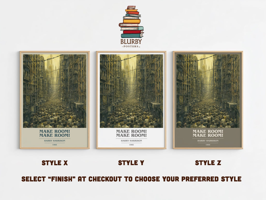 Make Room! Make Room! book cover print in frame leaning in hallway – dystopian wall art (mockup)