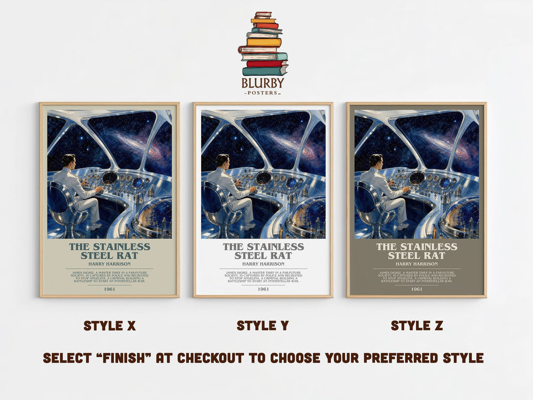 The Stainless Steel Rat bookish print in frame leaning in hallway – sci fi wall art (mockup)