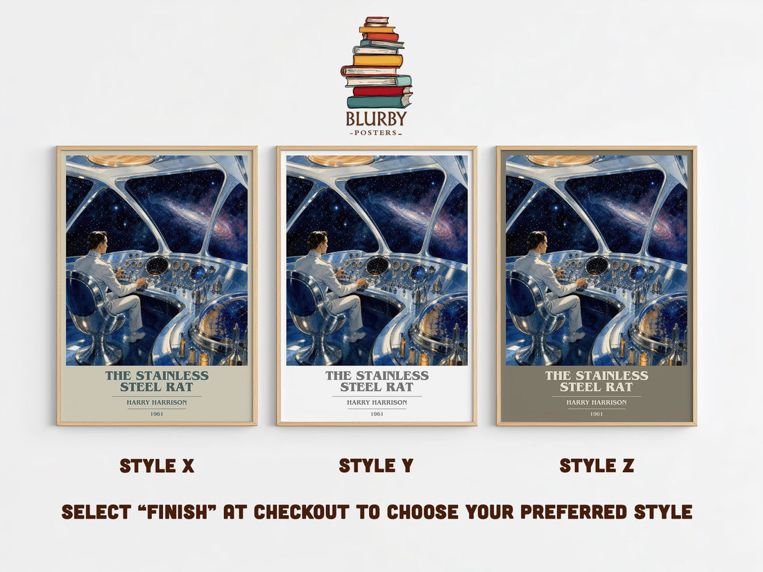 The Stainless Steel Rat book cover print in frame leaning in hallway – sci fi wall art (mockup)