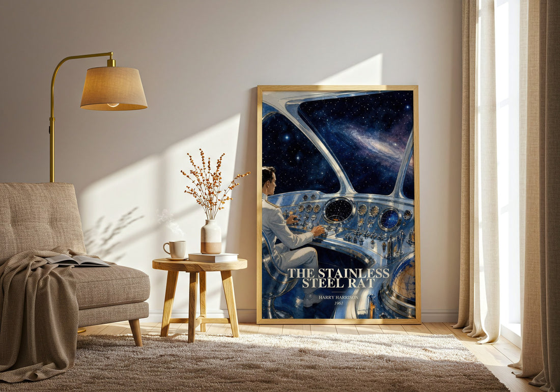 The Stainless Steel Rat watercolour print in frame leaning in hallway – sci fi wall art