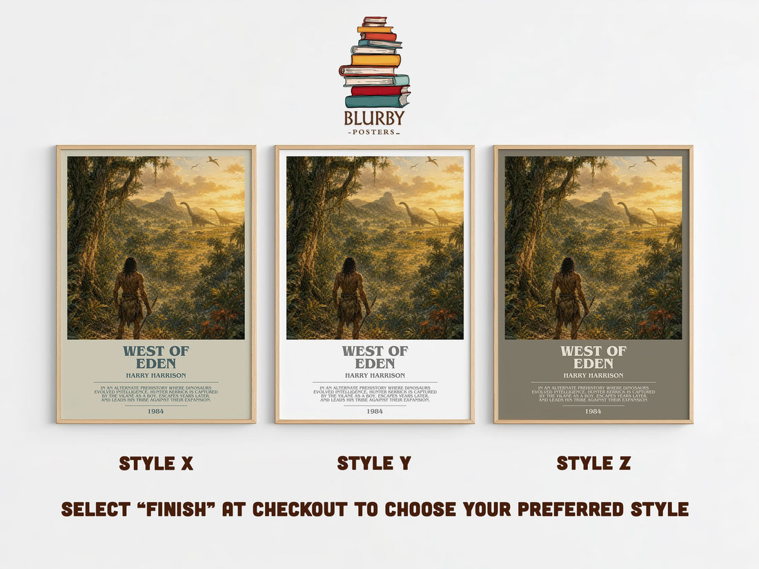 West of Eden bookish print in frame leaning in hallway – sci fi wall art (mockup)