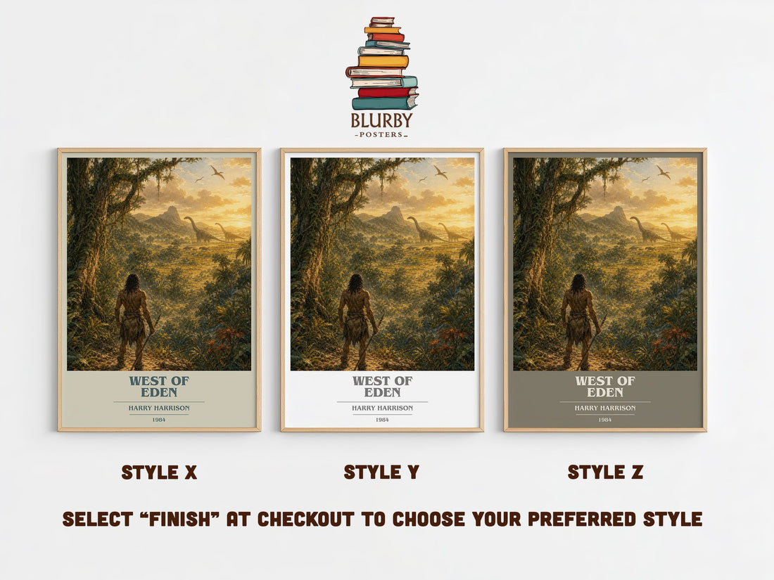 West of Eden book cover print in frame leaning in hallway – sci fi wall art (mockup)
