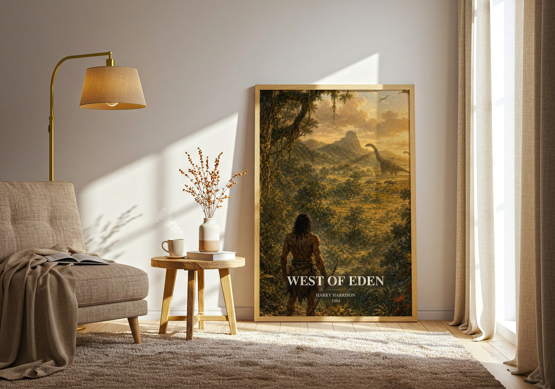 West of Eden watercolour print in frame leaning in hallway – sci fi wall art