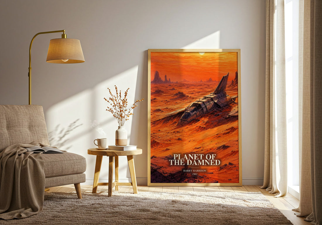 Planet of the Damned watercolour print in frame leaning in hallway – sci fi wall art
