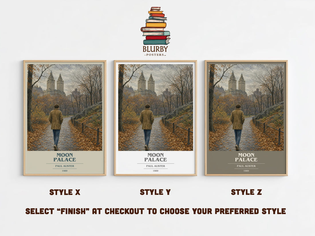 Moon Palace book cover print in frame leaning in hallway – literary fiction wall art (mockup)