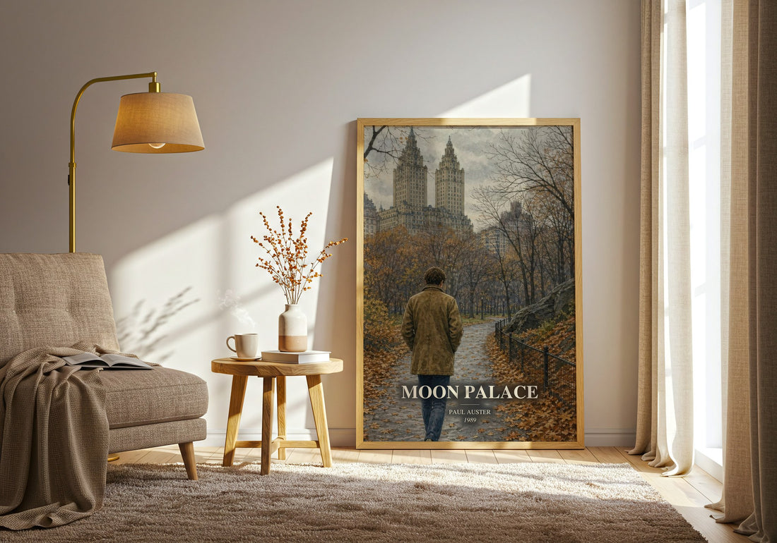 Moon Palace watercolour print in frame leaning in hallway – literary fiction wall art