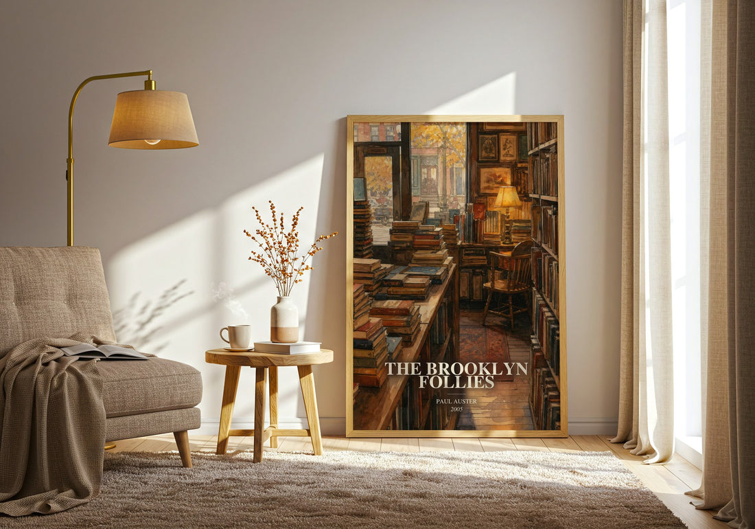 The Brooklyn Follies watercolour print in frame leaning in hallway – contemporary fiction wall art