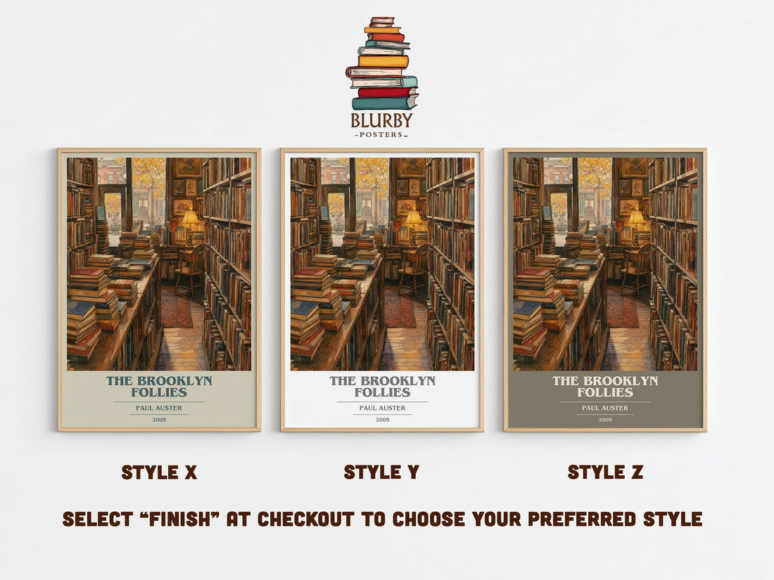 The Brooklyn Follies book cover print in frame leaning in hallway – contemporary fiction wall art (mockup)
