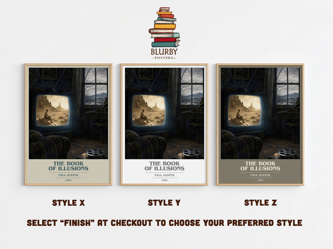 The Book of Illusions book cover print in frame leaning in hallway – literary fiction wall art (mockup)