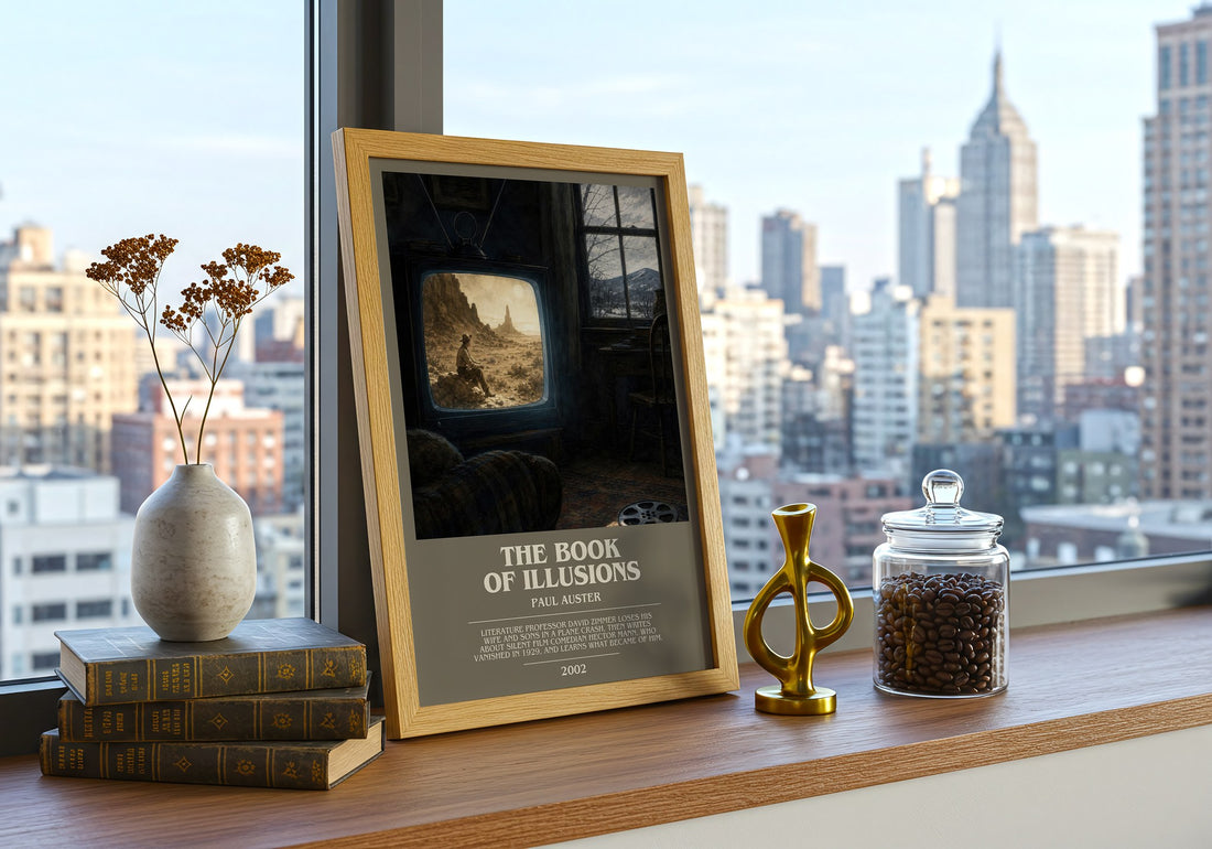 The Book of Illusions bookish print framed by window – literary home decor
