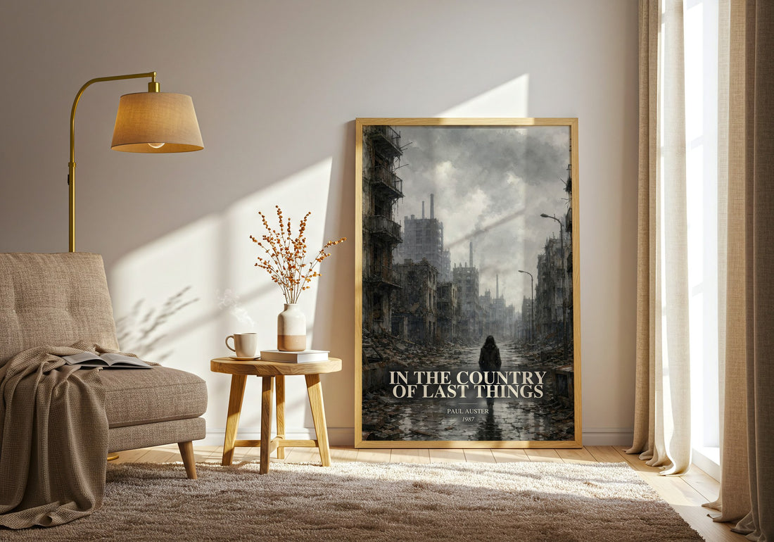 In the Country of Last Things watercolour print in frame leaning in hallway – dystopian wall art