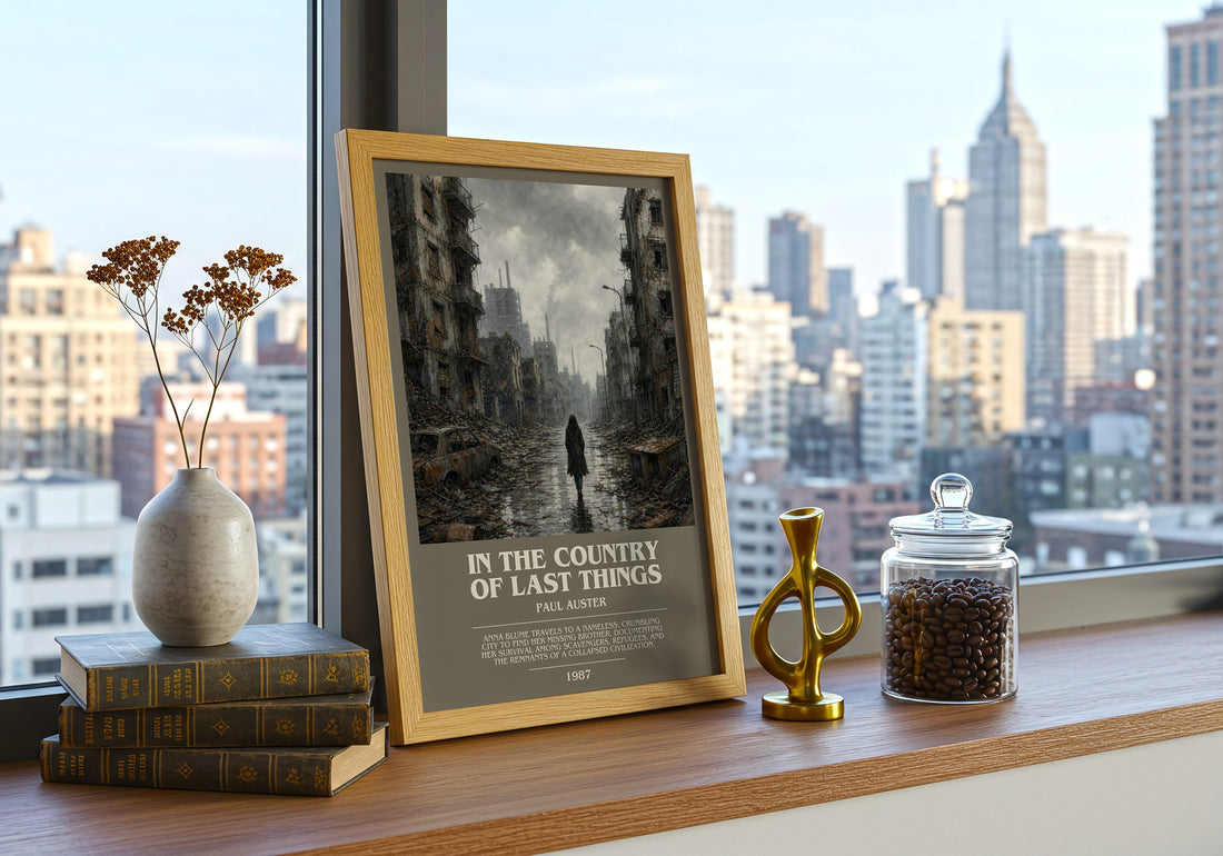 In the Country of Last Things bookish print framed by window – literary home decor