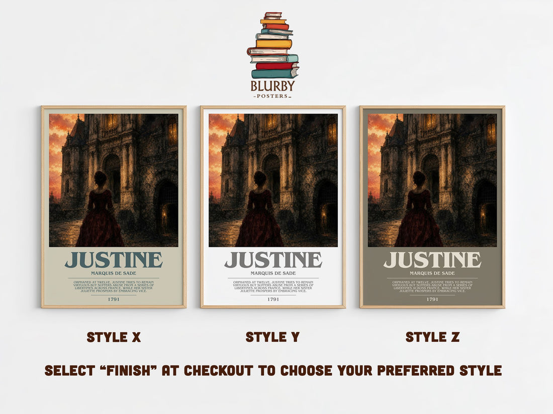 Justine bookish print in frame leaning in hallway – philosophy wall art (mockup)