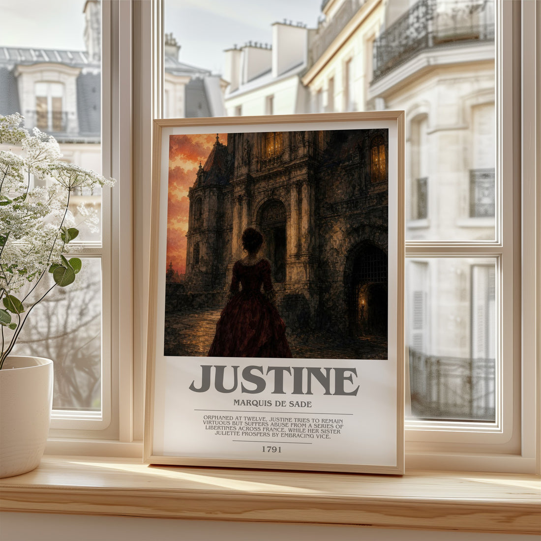 Justine bookish poster colour and style options – Marquis de Sade book art