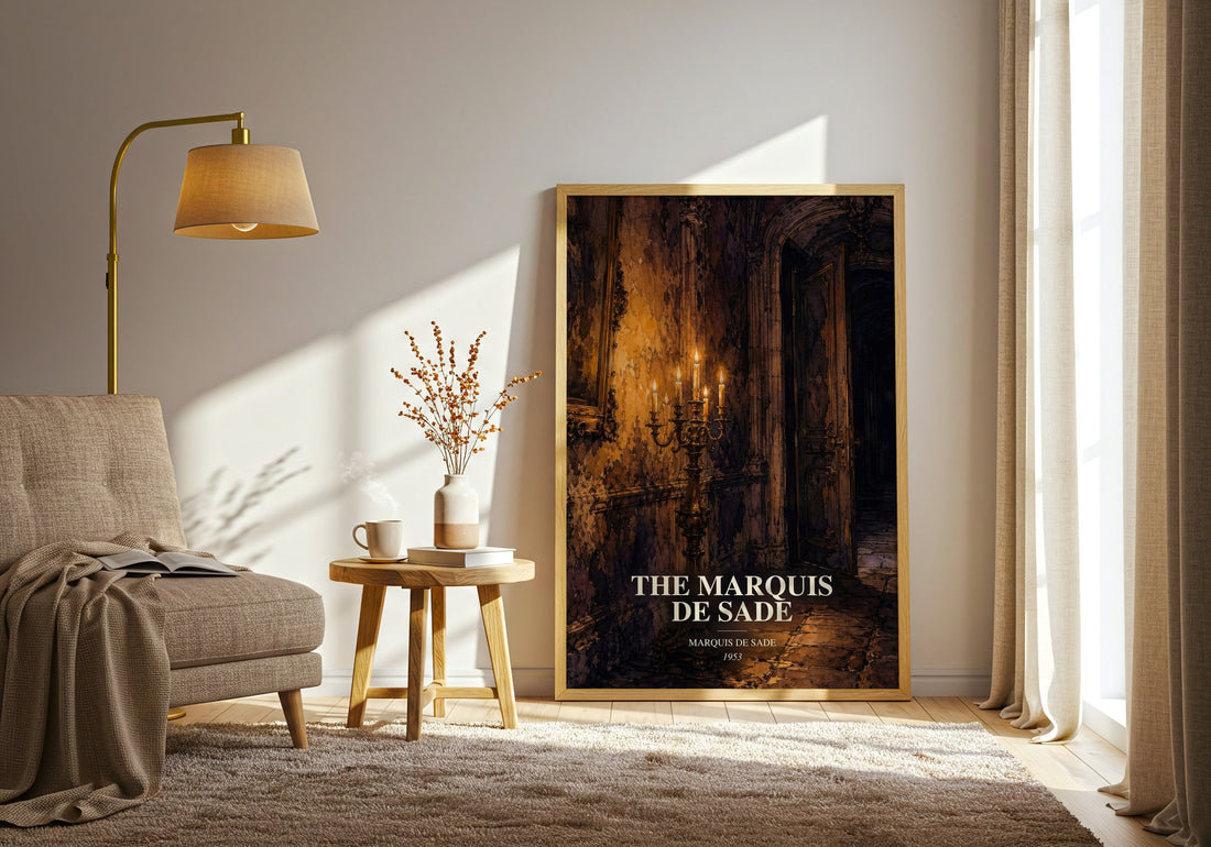 The Marquis de Sade watercolour print in frame leaning in hallway – philosophy wall art